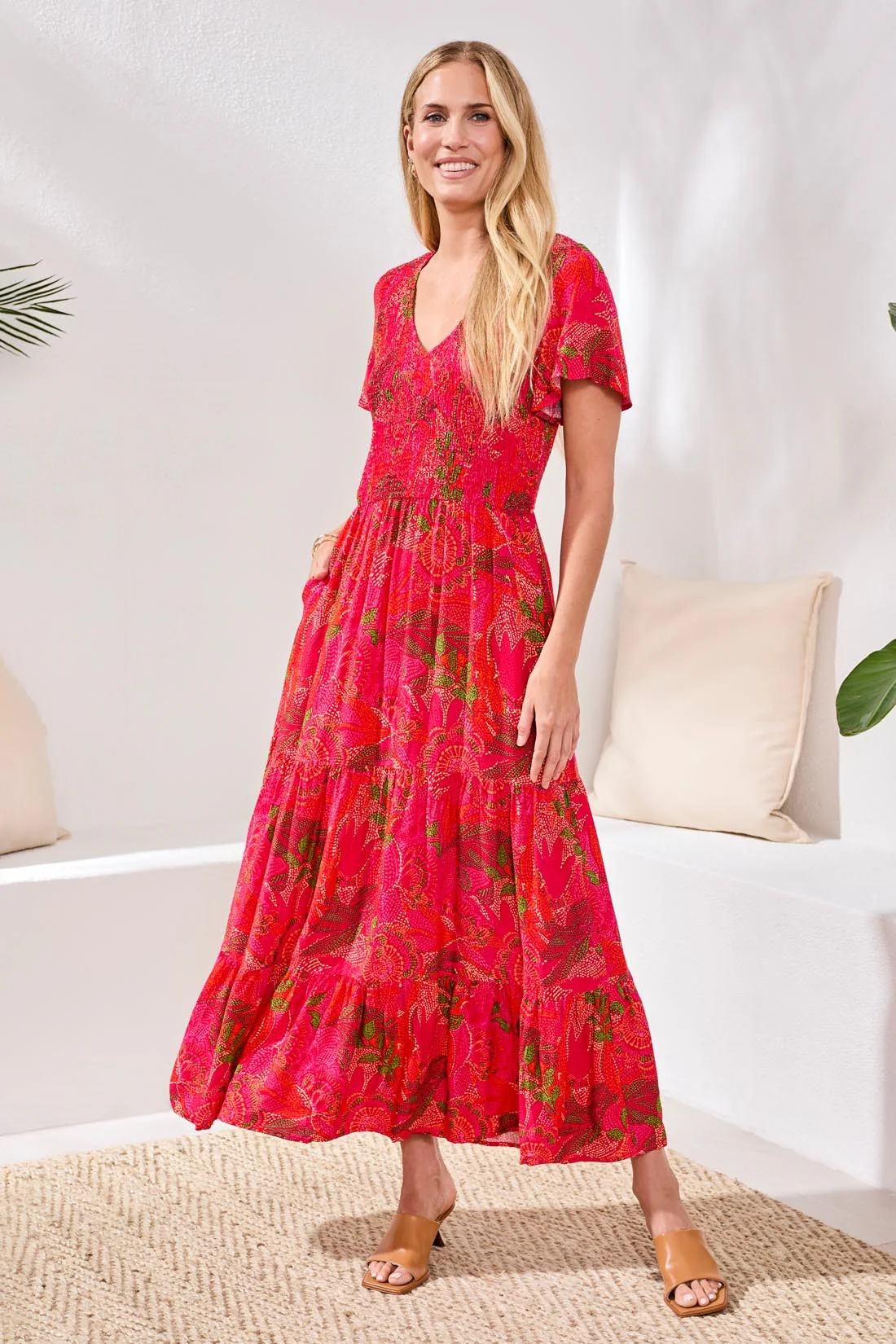Ruched-Top Short Sleeve Maxi Dress-Sangria