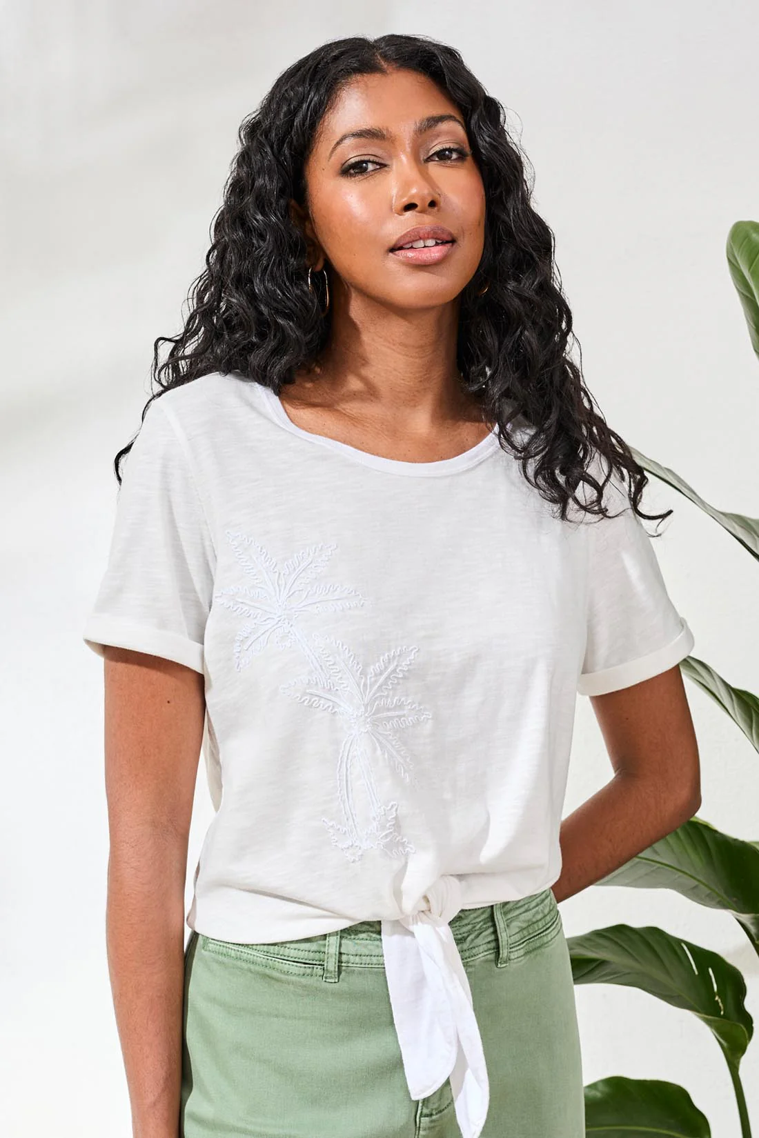 Slub Knit Tie-Front Short Sleeve Crew Neck Top-White