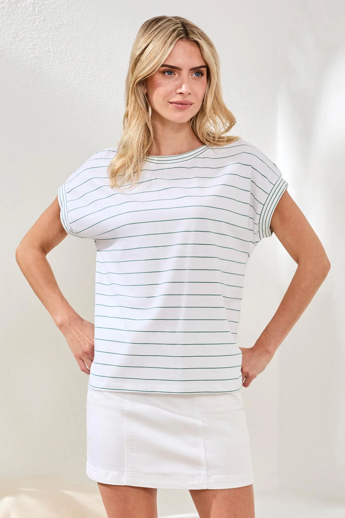 Stripe Jersey Cap Sleeve Crew Neck Top-Grass